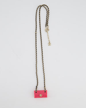 Chanel 23C Black Leather & Champagne Gold Chain Necklace with Pink Bag Pendant