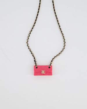 Chanel 23C Black Leather & Champagne Gold Chain Necklace with Pink Bag Pendant