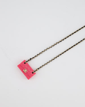 Chanel 23C Black Leather & Champagne Gold Chain Necklace with Pink Bag Pendant