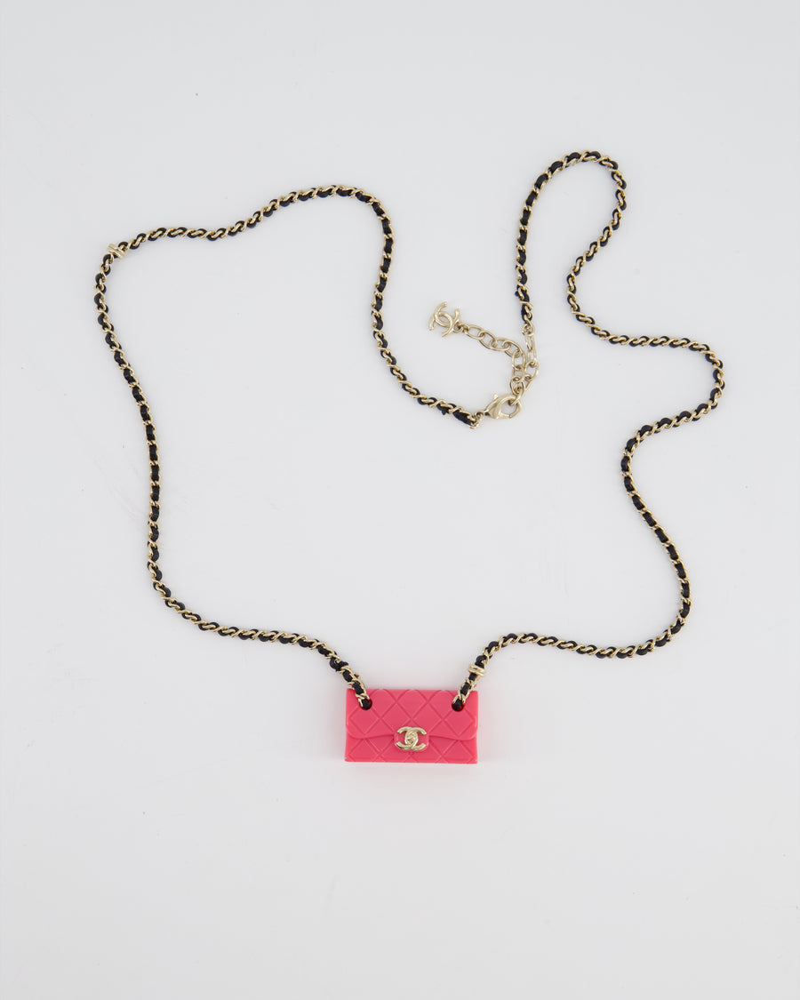 Chanel 23C Black Leather & Champagne Gold Chain Necklace with Pink Bag Pendant