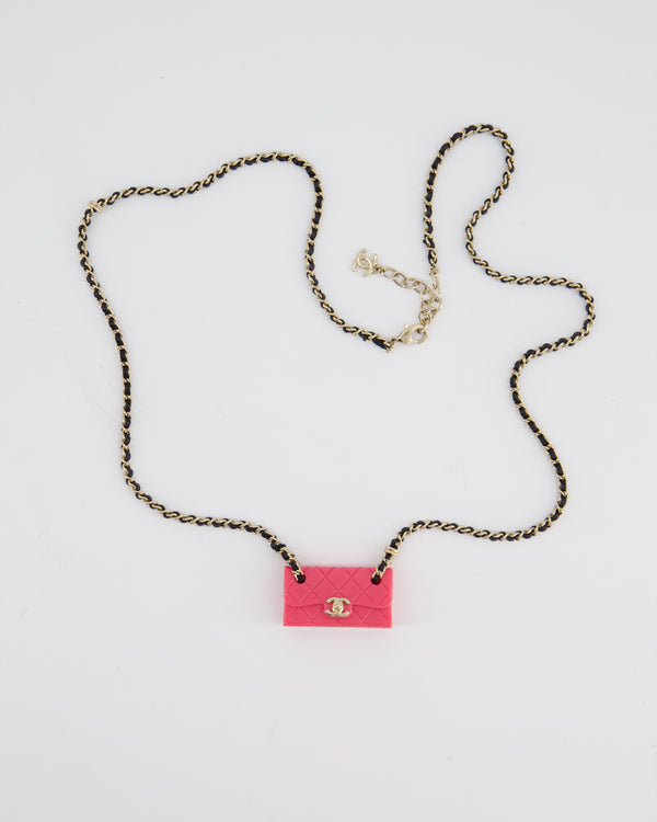 Chanel 23C Black Leather & Champagne Gold Chain Necklace with Pink Bag Pendant