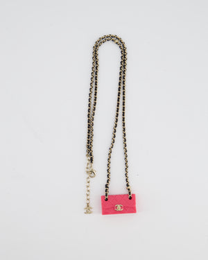 Chanel 23C Black Leather & Champagne Gold Chain Necklace with Pink Bag Pendant