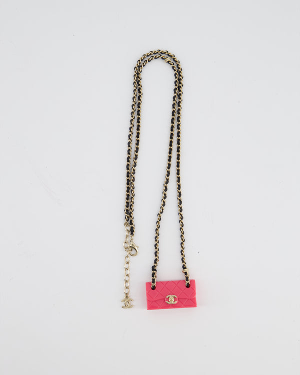 Chanel 23C Black Leather & Champagne Gold Chain Necklace with Pink Bag Pendant