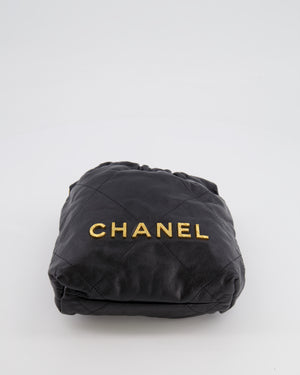 Chanel Black Mini 22 Bag in Calfskin Leather with Gold Hardware and Pearls CC Chain Detail