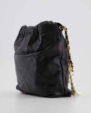 Chanel Black Mini 22 Bag in Calfskin Leather with Gold Hardware and Pearls CC Chain Detail