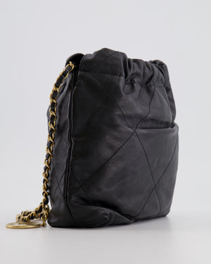 Chanel Black Mini 22 Bag in Calfskin Leather with Gold Hardware and Pearls CC Chain Detail