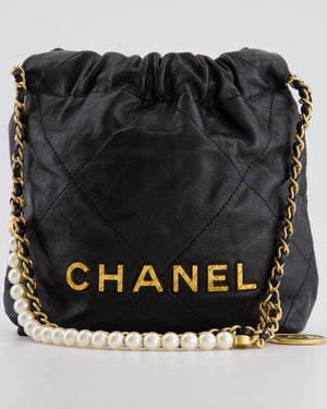 Chanel Black Mini 22 Bag in Calfskin Leather with Gold Hardware and Pearls CC Chain Detail