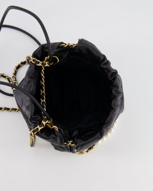 Chanel Black Mini 22 Bag in Calfskin Leather with Gold Hardware and Pearls CC Chain Detail