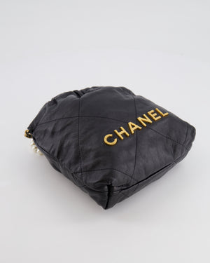 Chanel Black Mini 22 Bag in Calfskin Leather with Gold Hardware and Pearls CC Chain Detail
