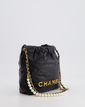 Chanel Black Mini 22 Bag in Calfskin Leather with Gold Hardware and Pearls CC Chain Detail