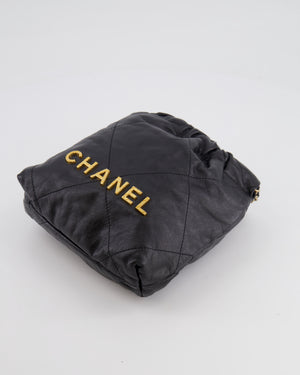 Chanel Black Mini 22 Bag in Calfskin Leather with Gold Hardware and Pearls CC Chain Detail