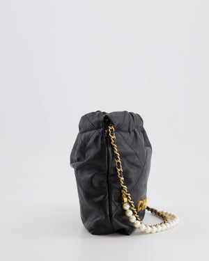 Chanel Black Mini 22 Bag in Calfskin Leather with Gold Hardware and Pearls CC Chain Detail