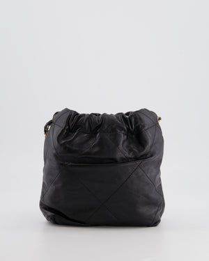 Chanel Black Mini 22 Bag in Calfskin Leather with Gold Hardware and Pearls CC Chain Detail
