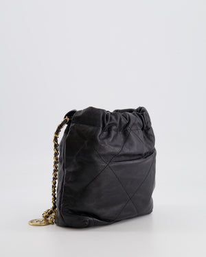 Chanel Black Mini 22 Bag in Calfskin Leather with Gold Hardware and Pearls CC Chain Detail