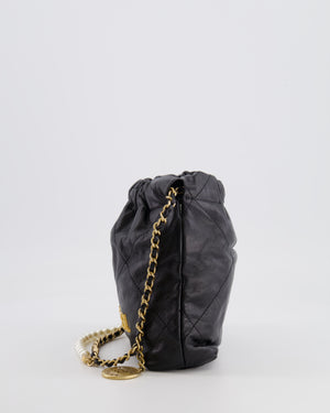 Chanel Black Mini 22 Bag in Calfskin Leather with Gold Hardware and Pearls CC Chain Detail