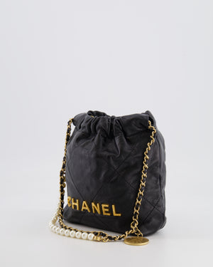 Chanel Black Mini 22 Bag in Calfskin Leather with Gold Hardware and Pearls CC Chain Detail