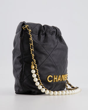 Chanel Black Mini 22 Bag in Calfskin Leather with Gold Hardware and Pearls CC Chain Detail