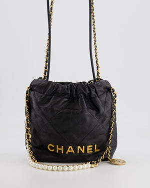 Chanel Black Mini 22 Bag in Calfskin Leather with Gold Hardware and Pearls CC Chain Detail