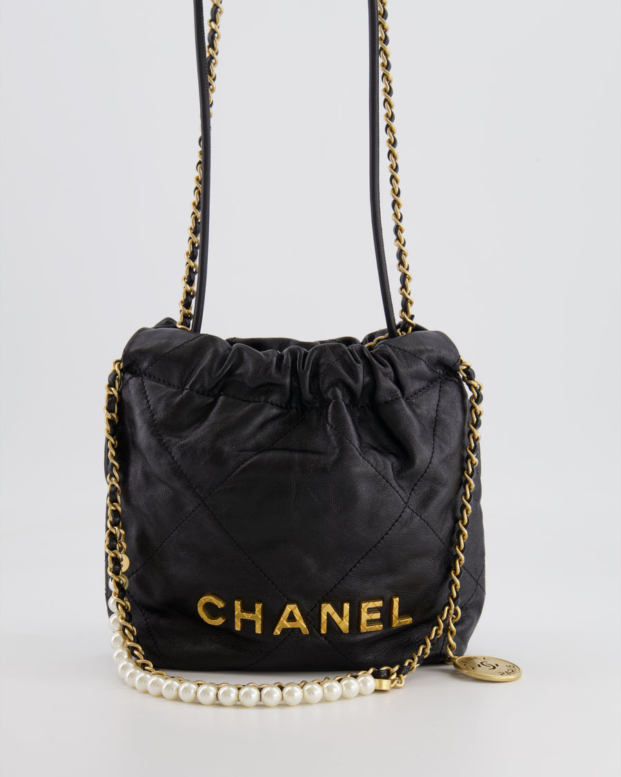 Chanel Black Mini 22 Bag in Calfskin Leather with Gold Hardware and Pearls CC Chain Detail