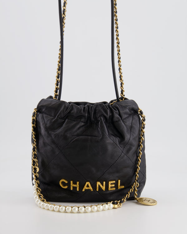 Chanel Black Mini 22 Bag in Calfskin Leather with Gold Hardware and Pearls CC Chain Detail