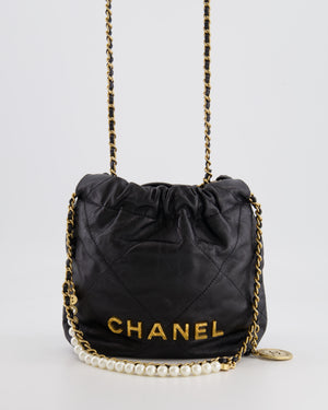 Chanel Black Mini 22 Bag in Calfskin Leather with Gold Hardware and Pearls CC Chain Detail