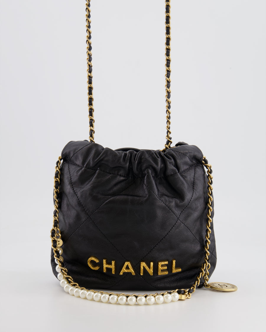 Chanel Black Mini 22 Bag in Calfskin Leather with Gold Hardware and Pearls CC Chain Detail