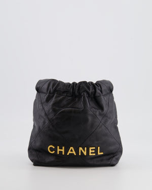 Chanel Black Mini 22 Bag in Calfskin Leather with Gold Hardware and Pearls CC Chain Detail