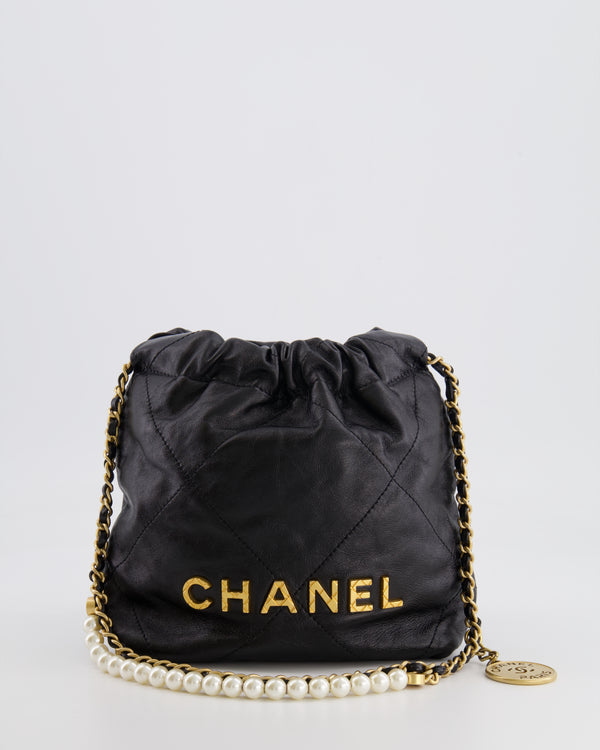 Chanel Black Mini 22 Bag in Calfskin Leather with Gold Hardware and Pearls CC Chain Detail