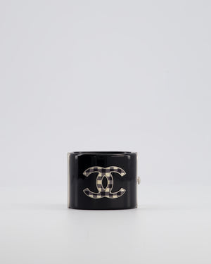 Chanel Black Cuff Bracelet with CC Logo and Brushed Silver Hardware