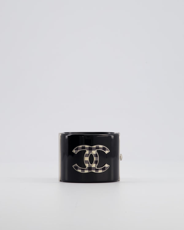 Chanel Black Cuff Bracelet with CC Logo and Brushed Silver Hardware