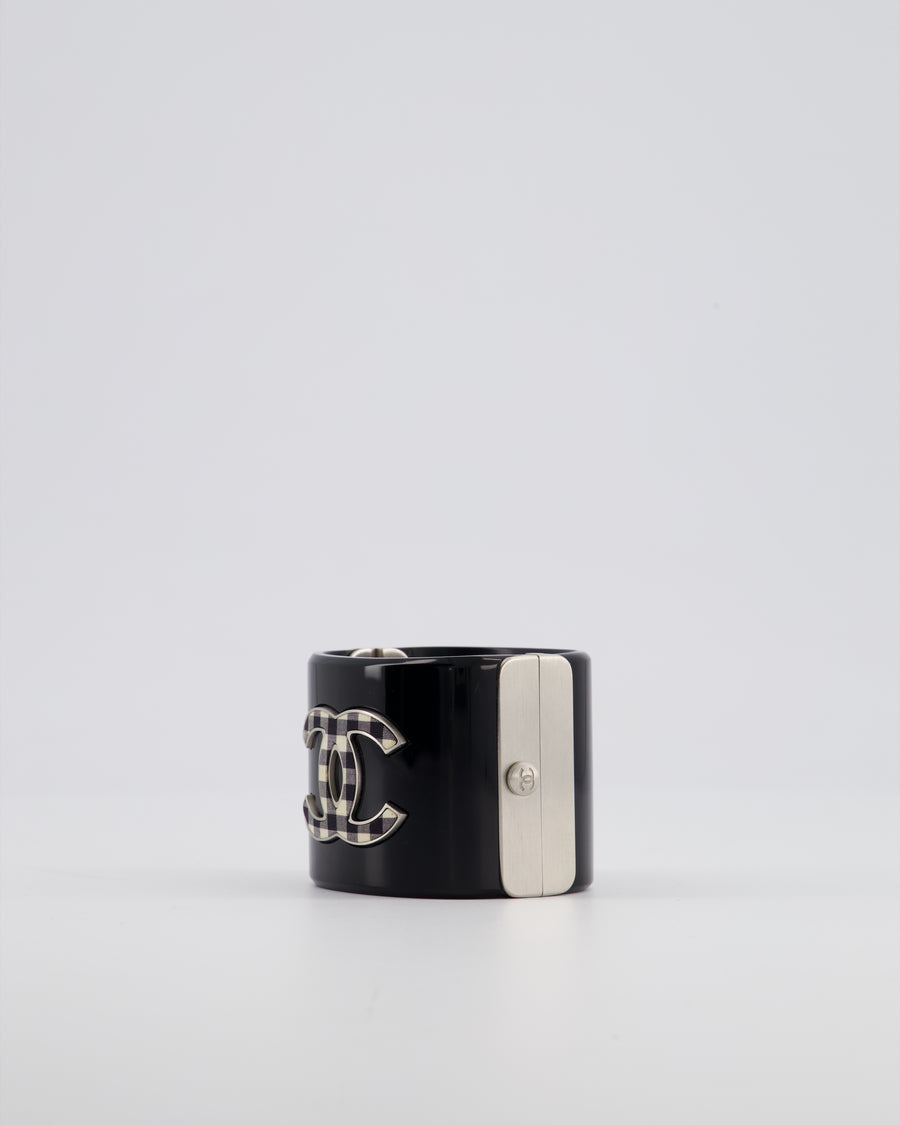 Chanel Black Cuff Bracelet with CC Logo and Brushed Silver Hardware