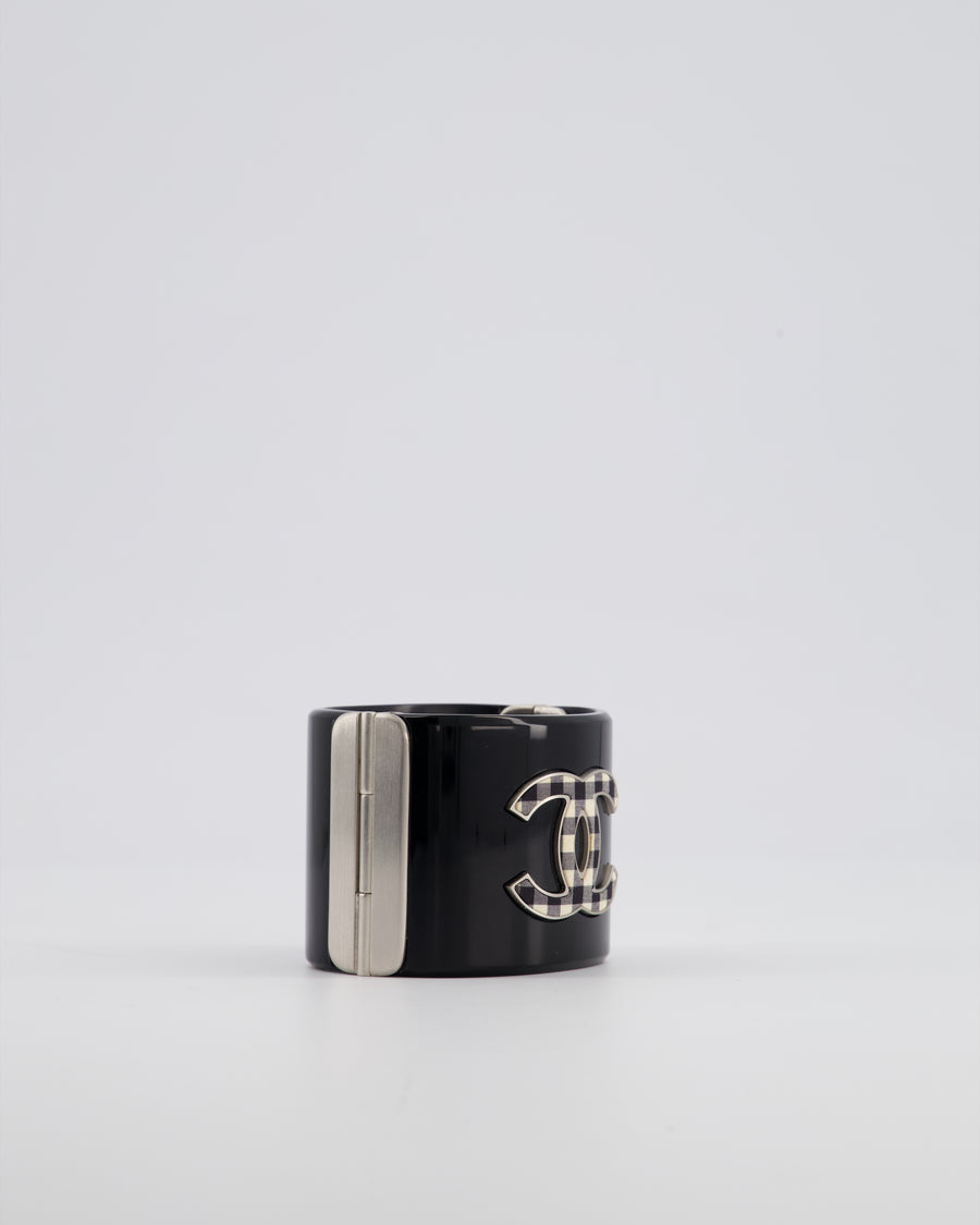 Chanel Black Cuff Bracelet with CC Logo and Brushed Silver Hardware