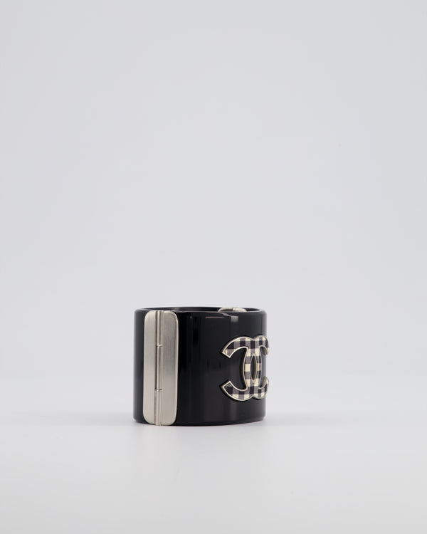 Chanel Black Cuff Bracelet with CC Logo and Brushed Silver Hardware