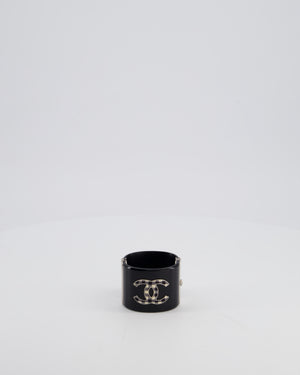 Chanel Black Cuff Bracelet with CC Logo and Brushed Silver Hardware