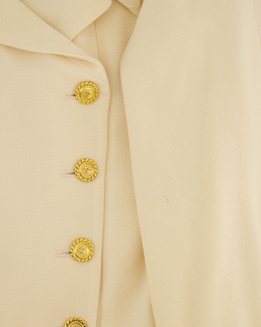 Chanel Vintage Cream Double Breasted Wool Blazer Jacket and Skirt Set with Gold CC Logo Button Detail FR 36 (UK 8)