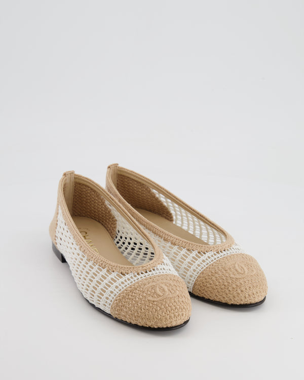 *HOT* Chanel Beige and White Raffia CC Logo Ballerina Size EU 37.5