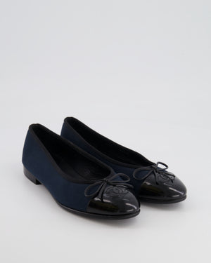 Chanel Navy Blue Toile and Black Patent Leather CC Ballerina Size EU 37