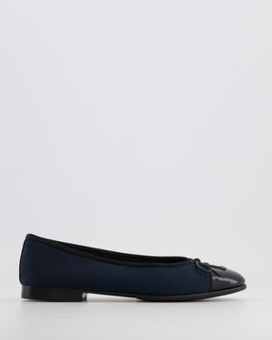 Chanel Navy Blue Toile and Black Patent Leather CC Ballerina Size EU 37