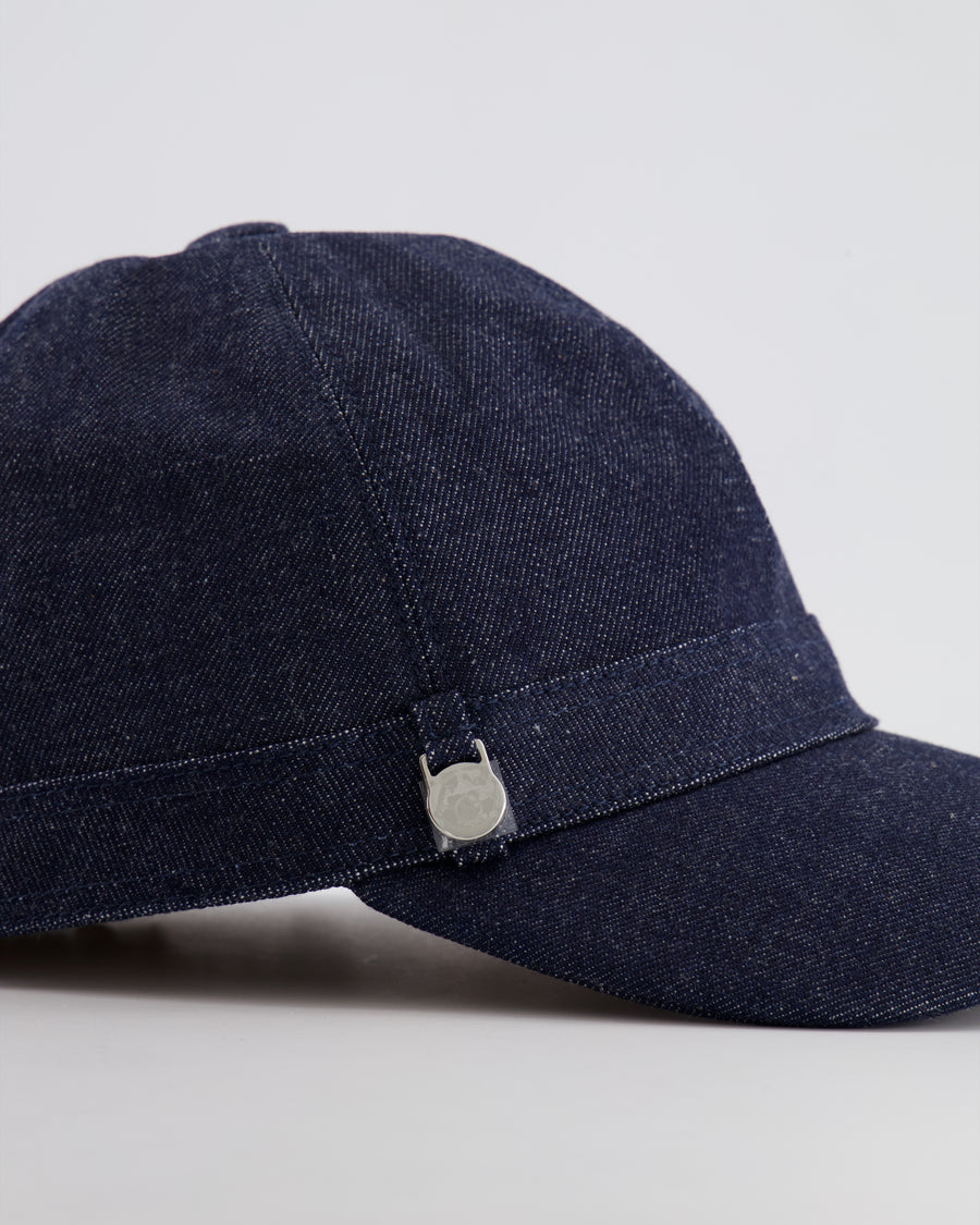 Hermès Denim Joanne Cap with Silver Logo Charm Detail Size 57 RRP £500