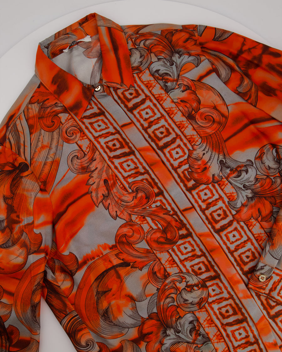 Versace Collection Orange Baroque Print Silk Long Sleeve Shirt Size IT 44 (UK 12)