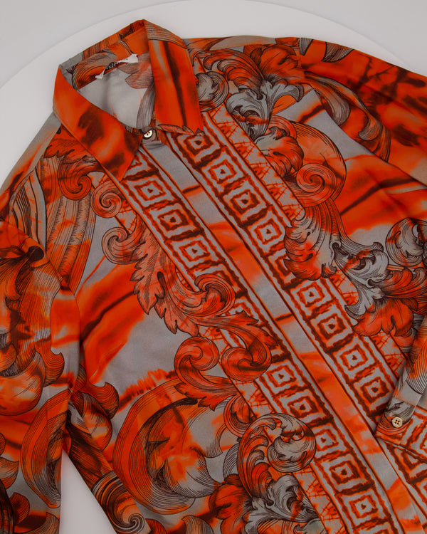 Versace Collection Orange Baroque Print Silk Long Sleeve Shirt Size IT 44 (UK 12)