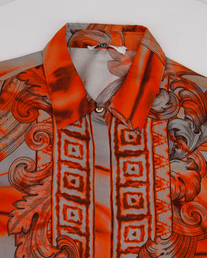 Versace Collection Orange Baroque Print Silk Long Sleeve Shirt Size IT 44 (UK 12)