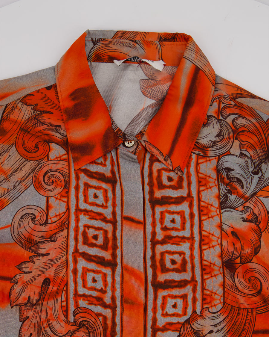 Versace Collection Orange Baroque Print Silk Long Sleeve Shirt Size IT 44 (UK 12)