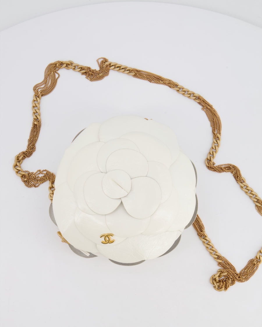 Chanel White Calfskin Camelia Shoulder Bag with Brushed Gold Hardware and CC Logo Detail