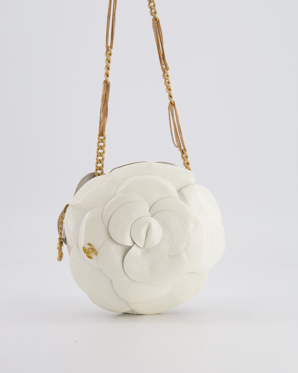 Chanel White Calfskin Camelia Shoulder Bag with Brushed Gold Hardware and CC Logo Detail