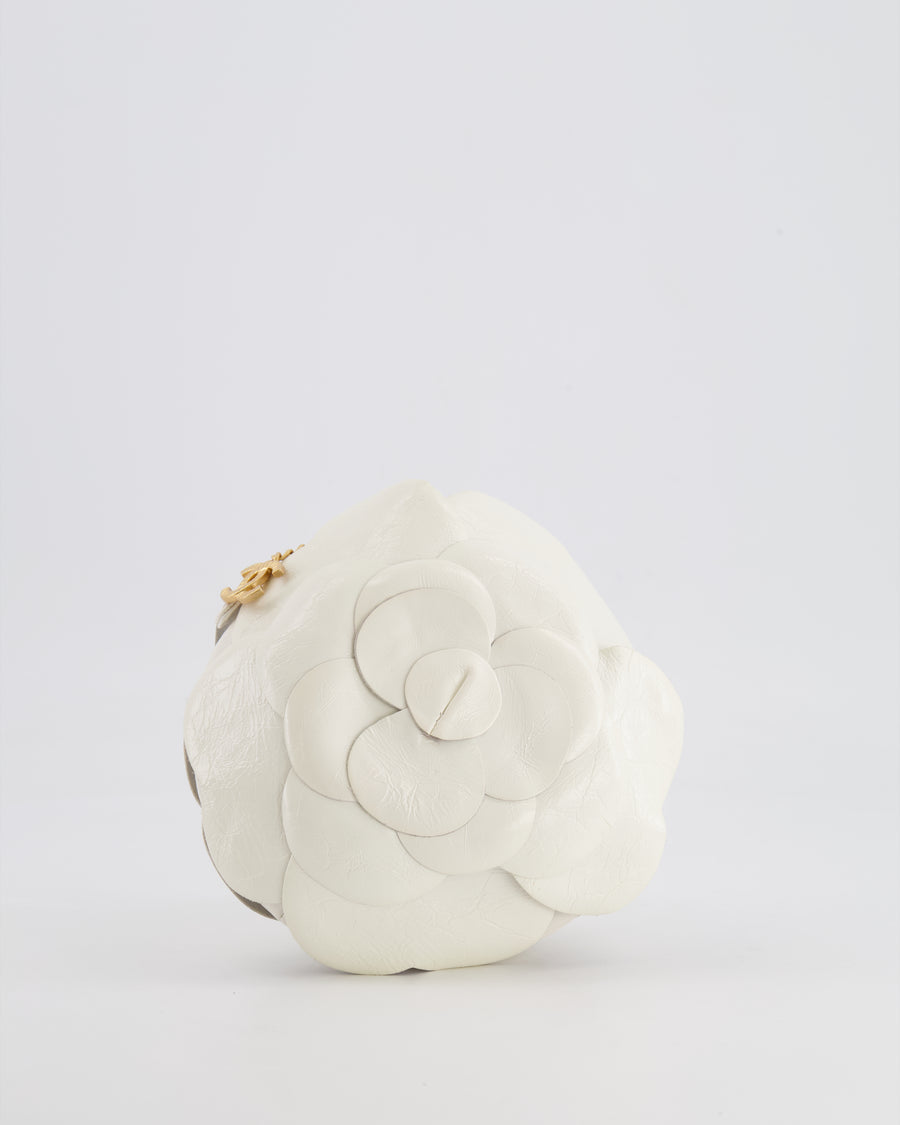 Chanel White Calfskin Camelia Shoulder Bag with Brushed Gold Hardware and CC Logo Detail