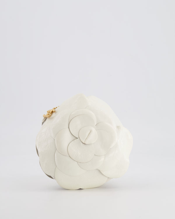 Chanel White Calfskin Camelia Shoulder Bag with Brushed Gold Hardware and CC Logo Detail