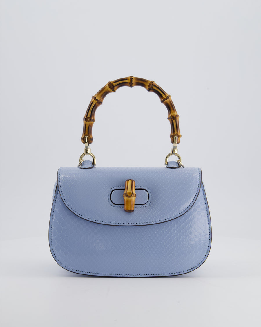 Gucci Sky Blue Small Bamboo 1947 Top Handle Bag in Python Leather with Champagne Gold Hardware RRP £6,790