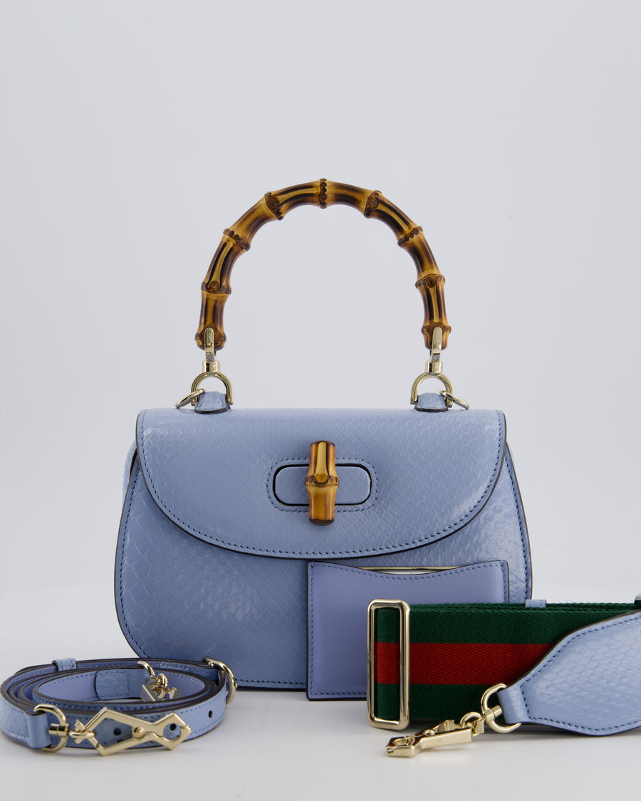 Gucci Sky Blue Small Bamboo 1947 Top Handle Bag in Python Leather with Champagne Gold Hardware RRP £6,790