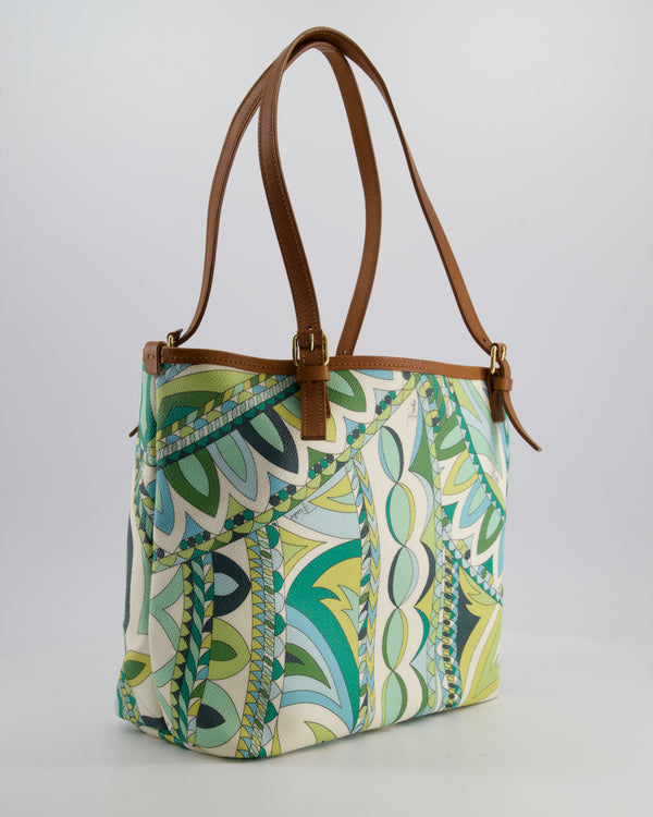 Emilio Pucci Green & White Coated Canvas & Brown Leather Small Tote Bag